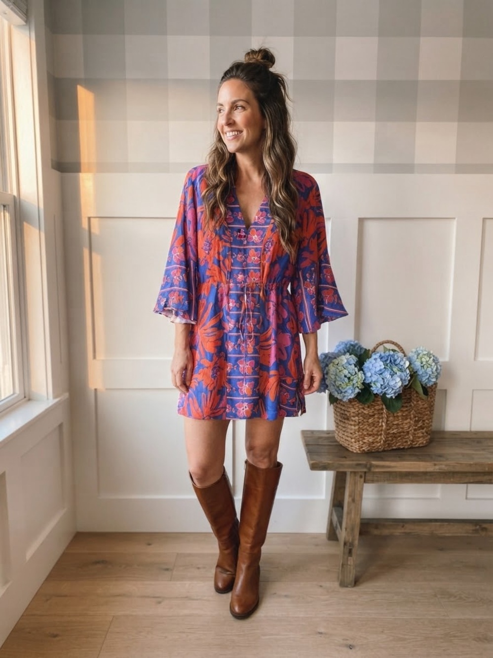 Maaji Purple & Orange Floral V-Neck Mini Dress Small